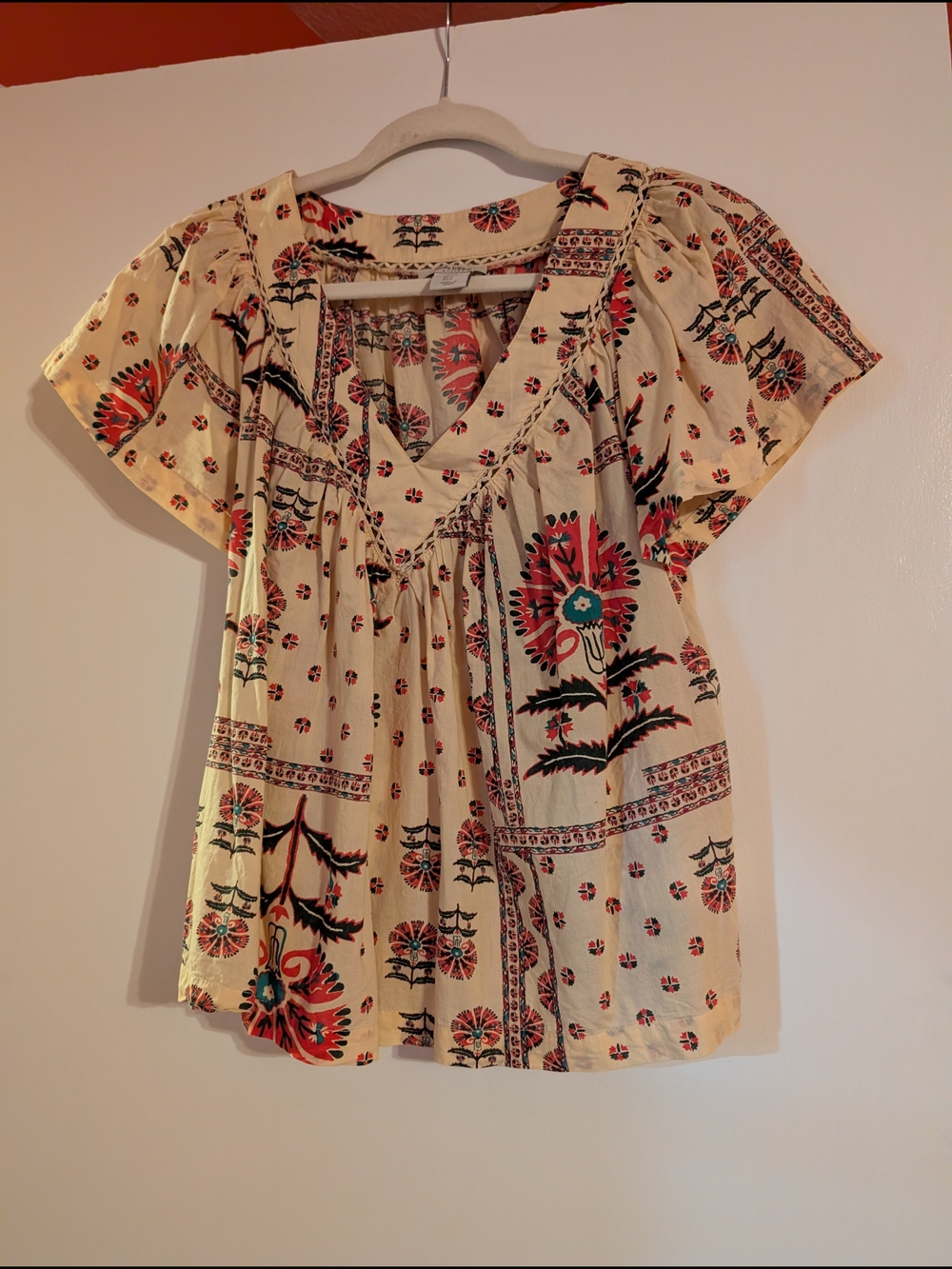 Haute Hippie Cream Floral Peasant Blouse with Red & Green Accents - Picture 2 of 6